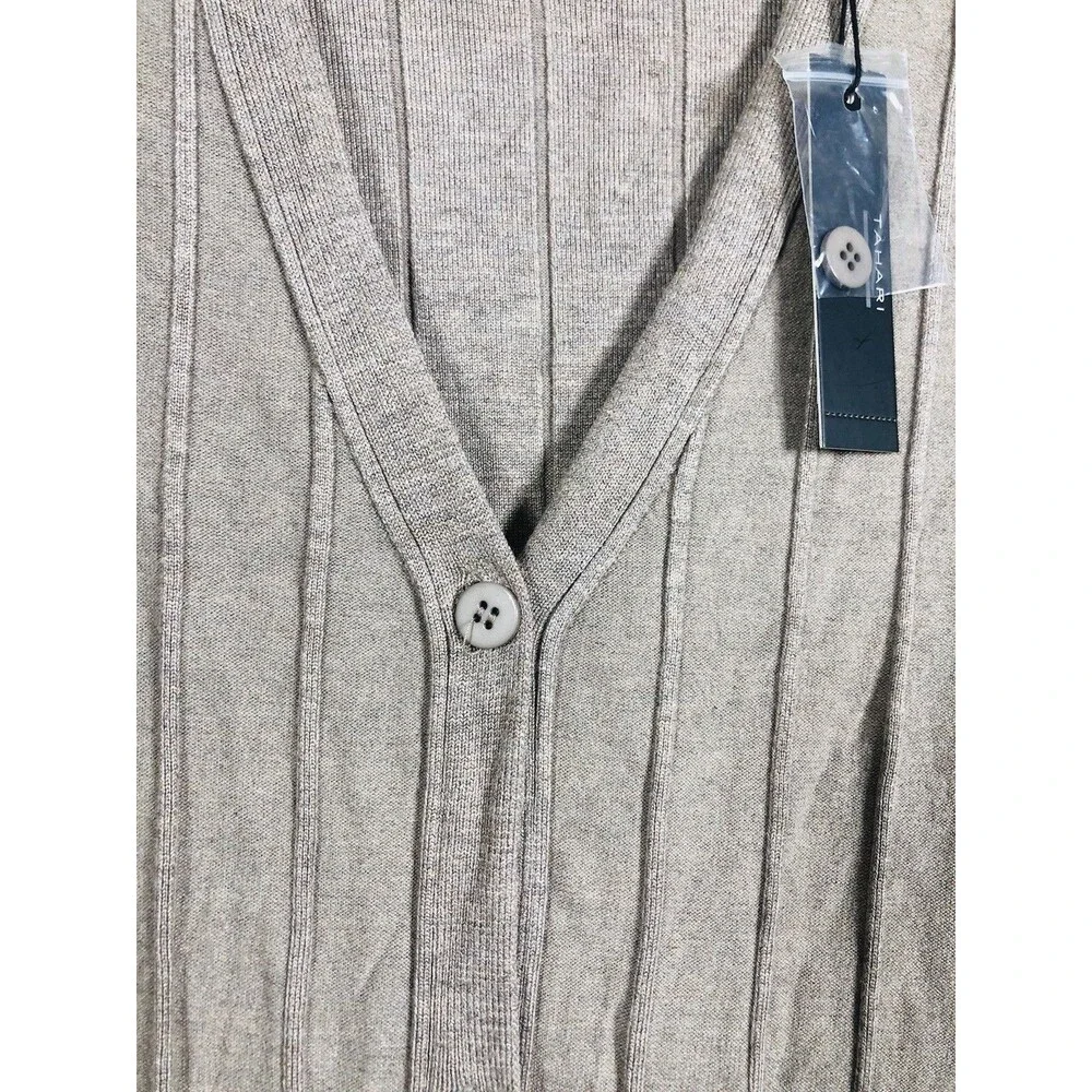Tahari Women Ribbed Knit Cardigan Sweater V-Neck Button Front Tan Beige Size S